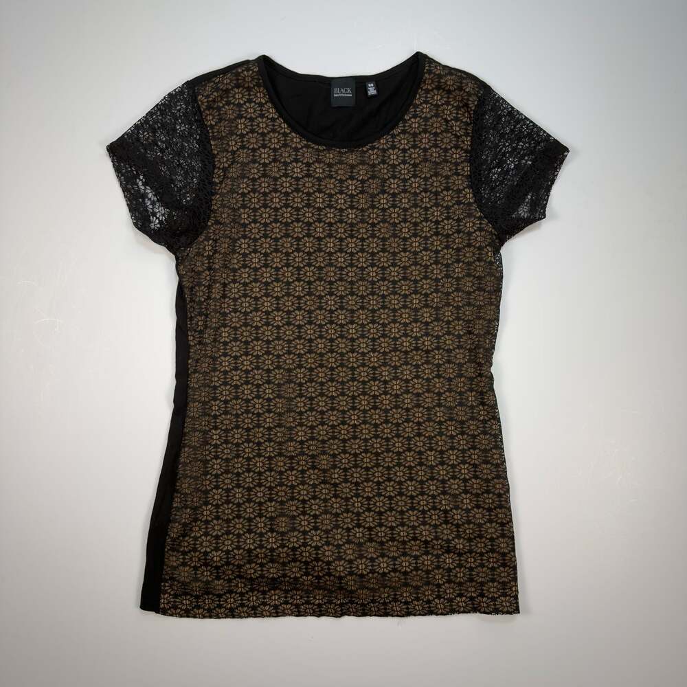 Saks Fifth Avenue BLACK Lace Overlay Short Sleeve Top Size M